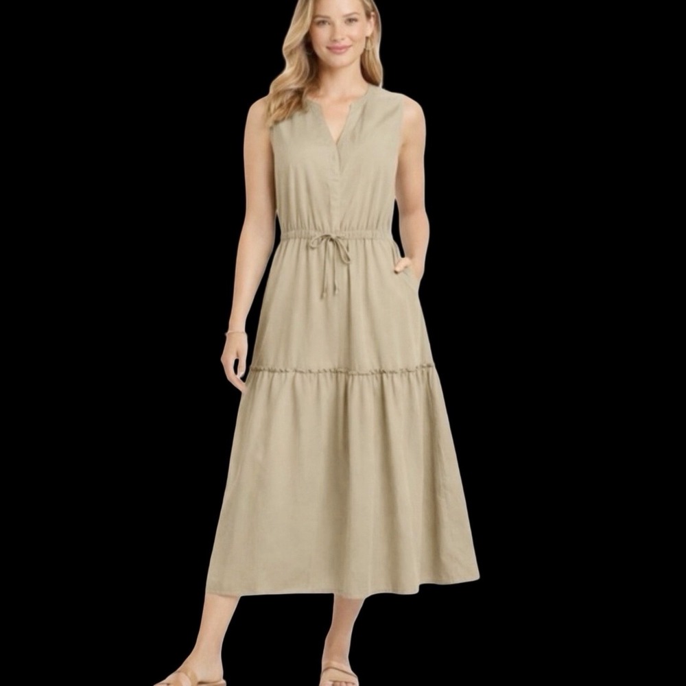 Land's End Lyocell Khaki Tiered Midi Dress M •Pockets Minimalist Prairie Country